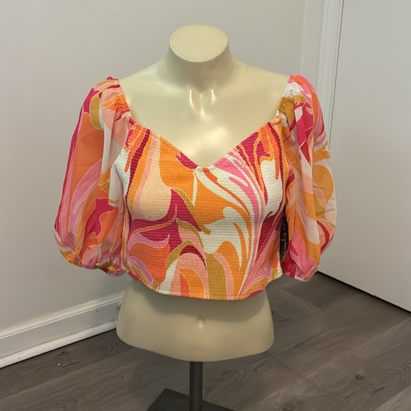 Flying Tomato Multi Color Puff Sleeve Crop Top Large - Picture 3 of 9